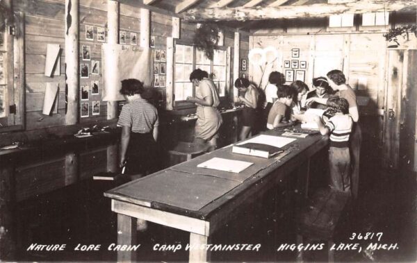 Higgins Lake Michigan Camp Westminster Nature Lore Cabin Real Photo PC AA68322