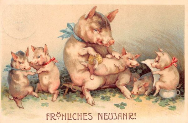 German New Year Greetings Pig and Piglets Vintage Postcard AA68449