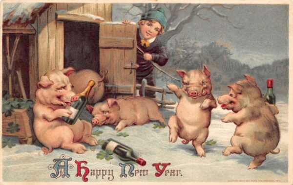 New Year Greetings Drunk Pigs Champagne Wine Humor Vintage Postcard AA68450