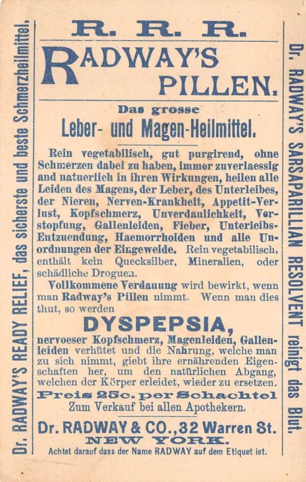 Radway's Ready Relief Dyspepsia Medicine Health Adv Vintage Tradecard AA68461 - Image 2