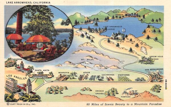 Lake Arrowhead California Lake Arrowhead Lodge Map Linen Postcard AA68573