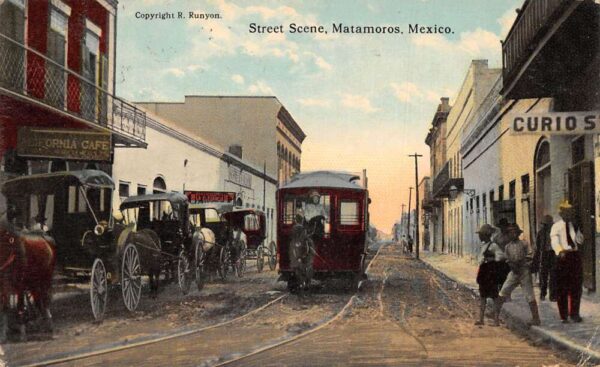 Matamoros Mexico Street Scene Trolley Street Car and Cars Postcard AA68649