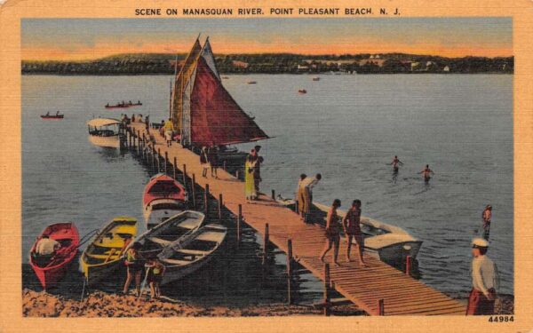 Point Pleasant Beach New Jersey Manasquan River Boats at Pier Postcard AA68679
