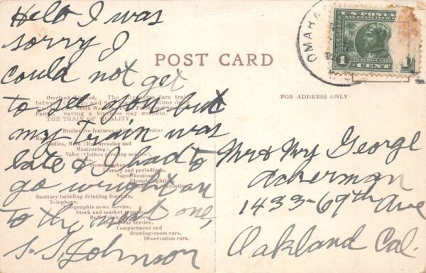 Overland Limited Railroad Drawing Room Train Car Interior Postcard AA68711 - Image 2