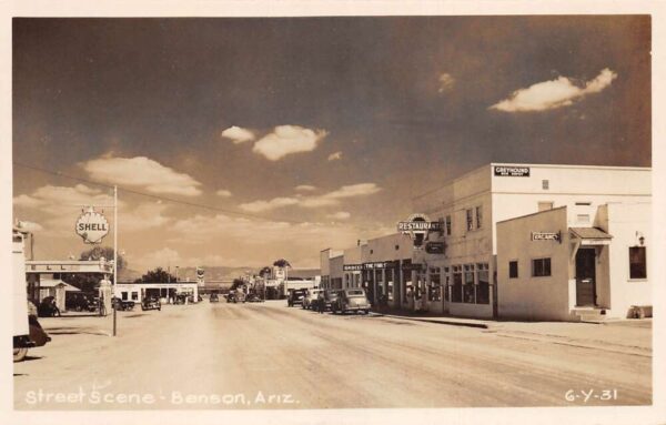 Benson Arizona Street Scene Shell Greyhound Real Photo Postcard AA68747