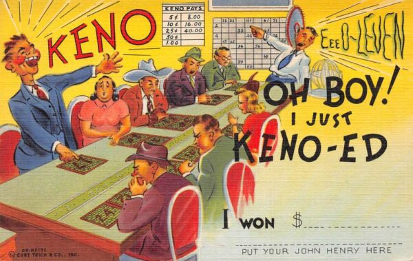 Keno Gambling Scene Greetings Comic Linen Vintage Postcard AA68758