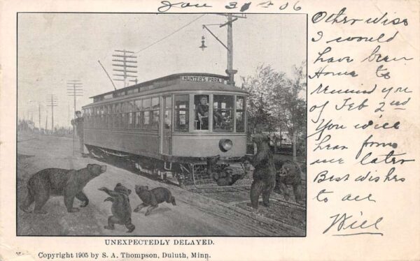 Hunters Park Minnesota Trolley "Unexpectedly Delayed" Bears Postcard AA68772