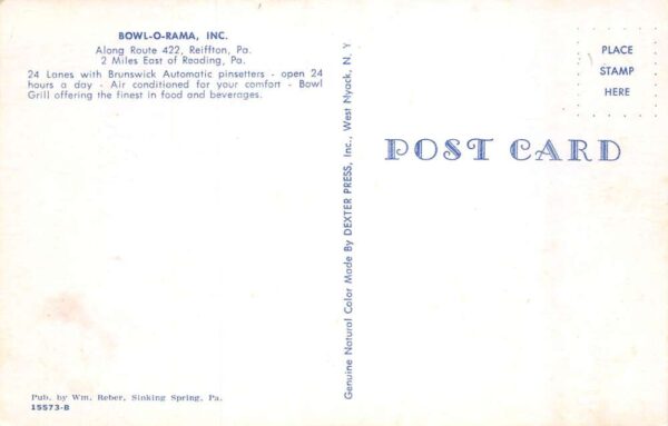 Reiffton Pennsylvania Bowl-O-Rama Inc Bowling Alley Vintage Postcard AA68791 - Image 2