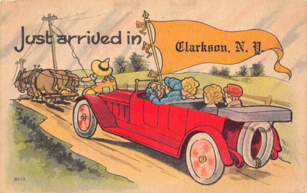 Clarkson New York "Just Arrived" Buggy & Automobile Illustration PC U5137