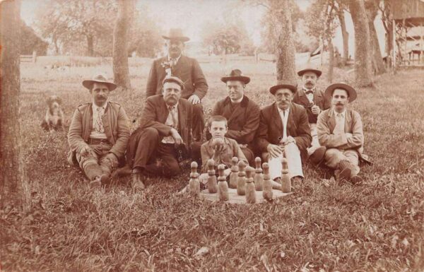 Lawn Bowling Game Group of Men with Dog Real Photo Vintage Postcard AA68835