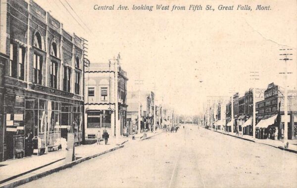 Great Falls Montana Central Ave. Looking W. From 5th St, B/W Lithograph PC U5201
