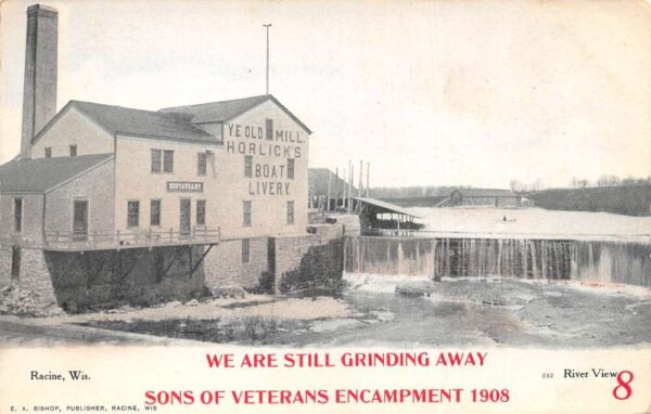 Racine Wisconsin Horlick's Boat Livery Mill 1908 Veterans Encampment PC AA69310