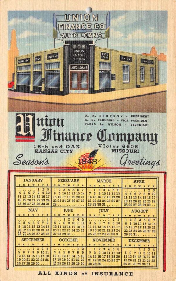 Kansas City Missouri Union Finance Co Auto Loans Bank 1948 Calendar PC AA69336