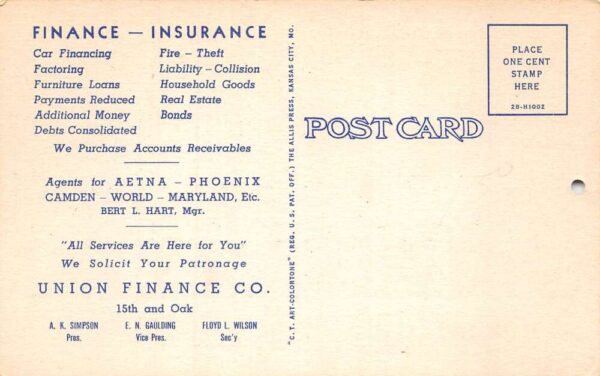 Kansas City Missouri Union Finance Co Auto Loans Bank 1948 Calendar PC AA69336 - Image 2