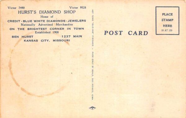 Kansas City Missouri Hursts Jewelers Diamond Shop Linen Vintage Postcard AA69337 - Image 2