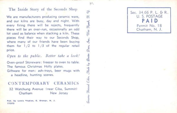 Chatham New Jersey Seconds Shop Ceramics Pottery Adv Vintage Postcard AA69348 - Image 2