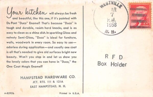 East Hampstead New Hampshire Hampstead Hardware Co Kitchen Adv Postcard AA69350 - Image 2