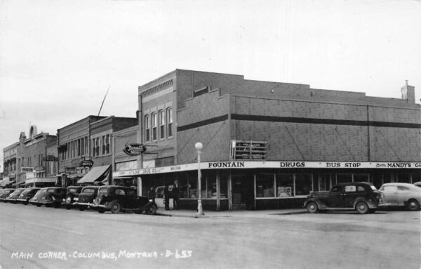 Columbus Montana Main Corner, Drug Store Real Photo Vintage Postcard U6754