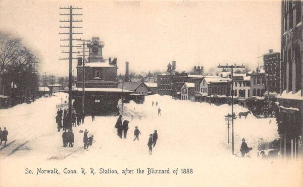 South Norwalk Connecticut R.R. Station After Blizzard 1888, B/W Lithograph PC U5215