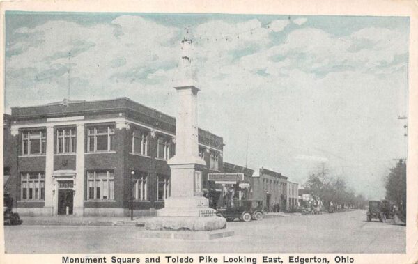 Edgerton Ohio Monument Sq. & Toledo Pike, Looking E. Sky Tint Vintage PC U5343