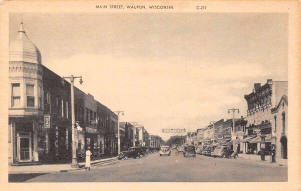 Waupun Wisconsin Main Street, Gas Pumps Pictured, Photo Print Vintage PC U5360