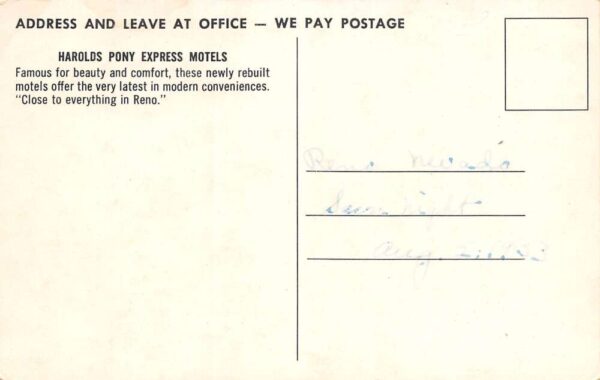Reno Nevada Harold's Pony Express Motel Photochrome Vintage Postcard U5418 - Image 2