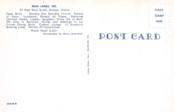 Dundee Illinois Masi Lanes Bowling Alley Multi-View Chrome Vintage PC U5435 - Image 2