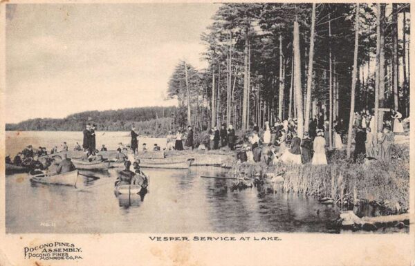 Pocono Pines Pennsylvania Vesper Service At Lake B/W Lithograph Postcard U5452