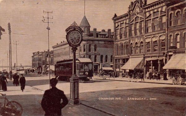 Sandusky Ohio Columbus Ave. Clock Tower, Sepia Tone Lithograph PC U5535