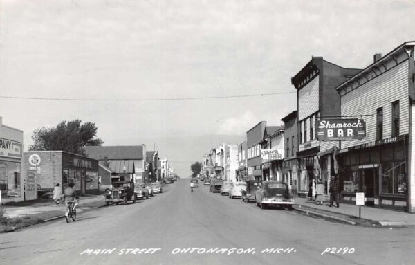 Ontonagon Michigan Main Street, Shamrock Bar Real Photo Vintage Postcard U5676