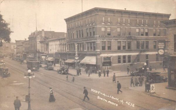 Marshalltown Iowa Street Scene Bank Drug Store Trolley Real Photo PC AA68885