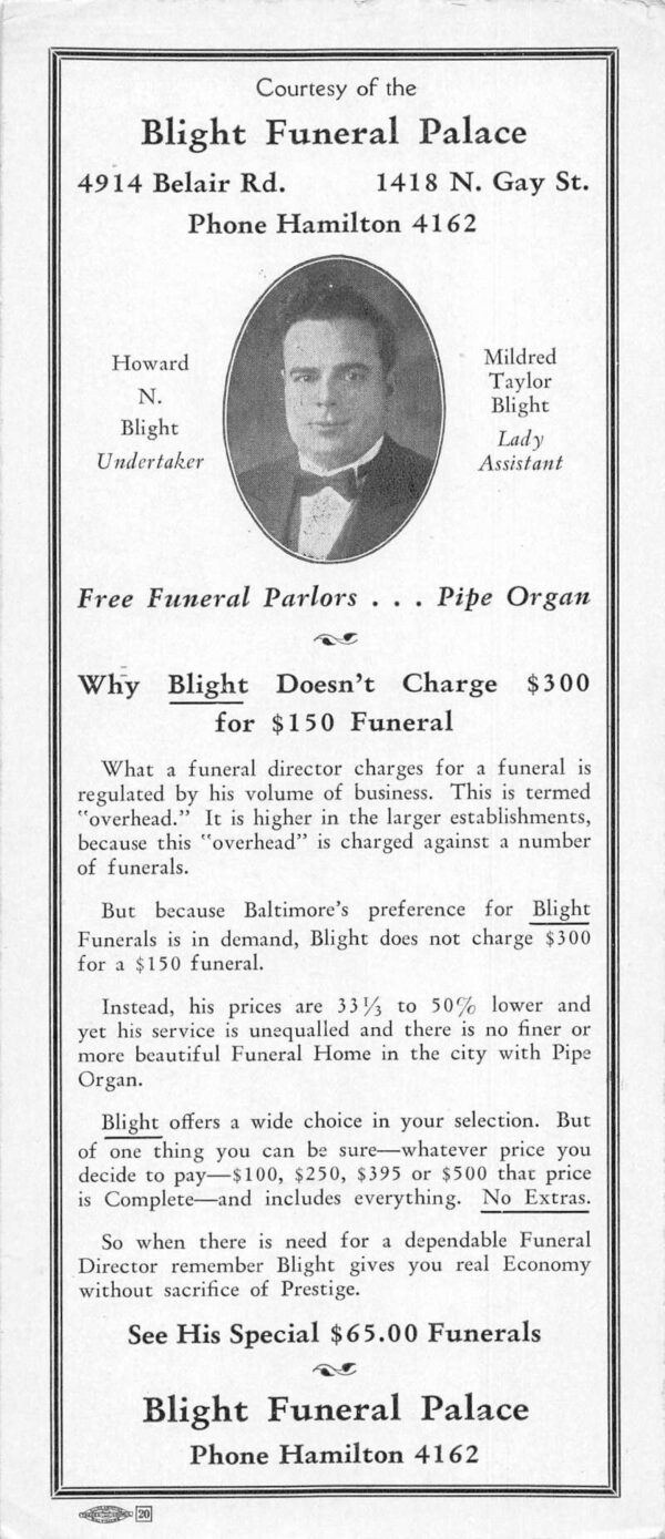 Hamilton Baltimore Maryland Blight Funeral Palace Advertising Blotter AA68916