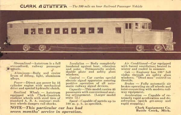 Battle Creek Michigan Clark Autotram Railroad Train Engine Postcard AA68934