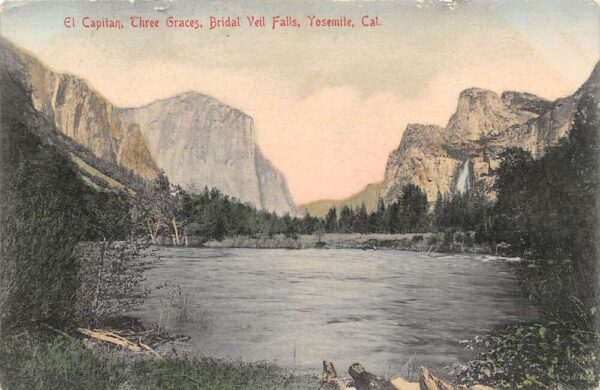 Yosemite California El Capitan, Bridal Veil Falls, Color Lithograph PC U5823
