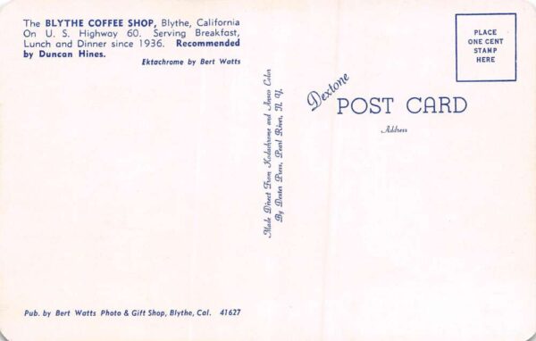 Blythe California Blythe Coffee Shop, Interior Photochrome Vintage PC U5846 - Image 2