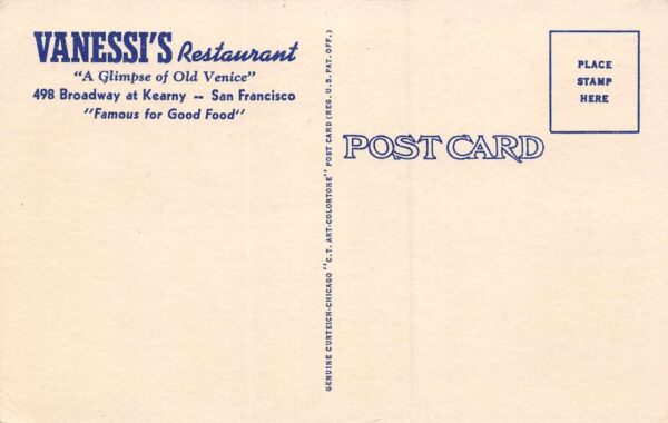 San Francisco California Vanessi's Restaurant, Multi-View Linen Vintage PC U5857 - Image 2