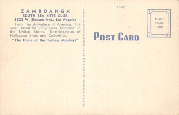 Los Angeles California Zamboanga South Sea Nite Club Multi-View Linen PC U5871 - Image 2