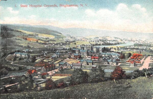 Binghamton New York State Hospital Grounds, Color Lithograph Vintage PC U5875