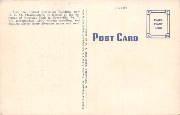 Greenville Pennsylvania U.S.O. Center, Fed. Recreation Bldg.Color Linen PC U5885 - Image 2