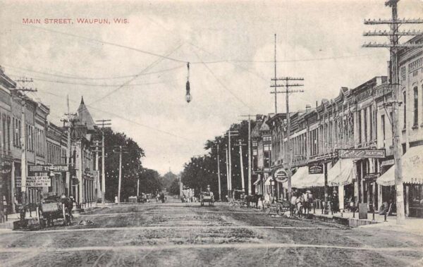 Waupun Wisconsin Main Street, B/W Lithograph Vintage Postcard U5989