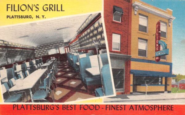 Plattsburg New York Filion's Grill Multi-View Linen Vintage Postcard U6033