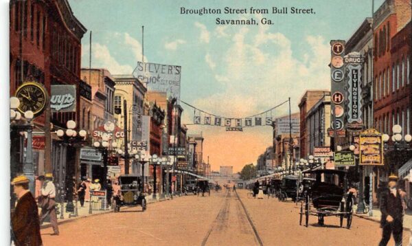 Savannah Georgia Broughton St. From Bull St., Drug Store, Lithograph PC U6049