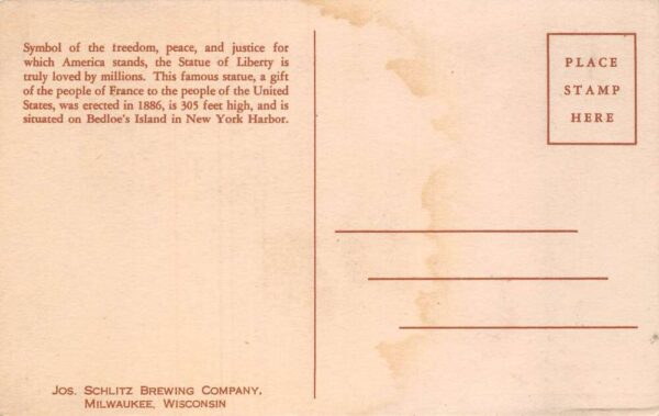 Schlitz Brewing Co Statue of Liberty Vintage Postcard AA68960 - Image 2