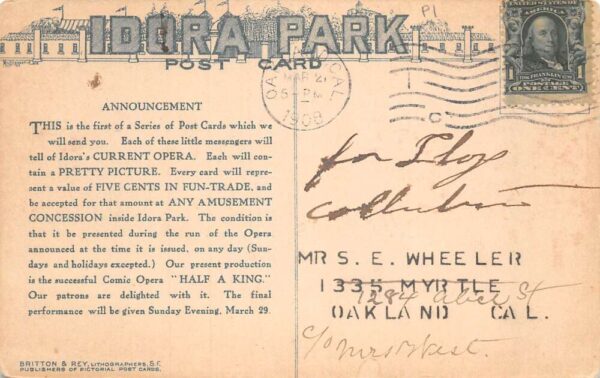 Oakland California Idora Park Theatre Opera Ad on Back Postcard AA68990 - Image 2
