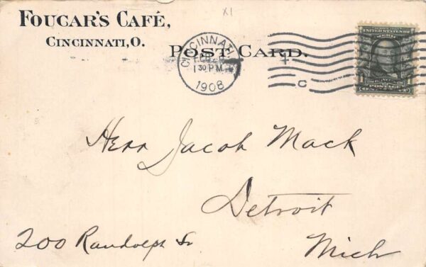 Cincinnati Ohio Foucar's Cafe Interior View Vintage Postcard AA68996 - Image 2