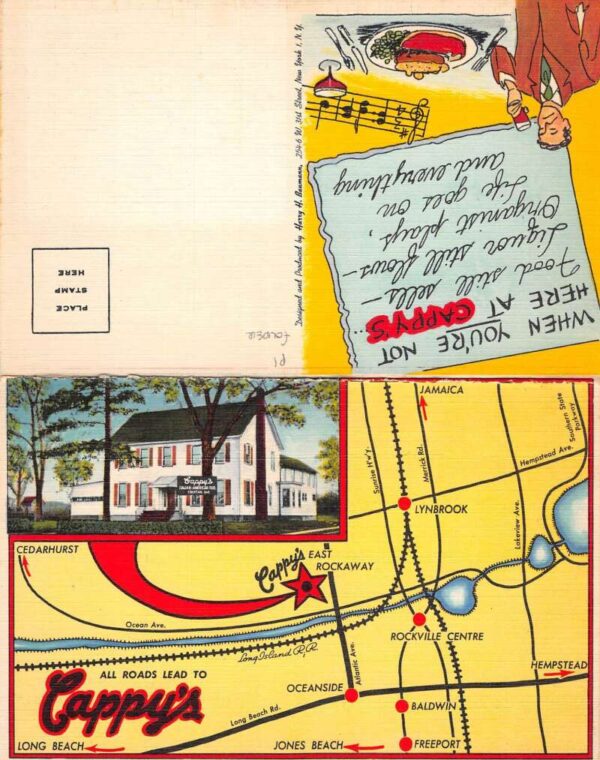 East Rockaway New York Cappy's Restaurant Map Fold Out Linen Postcard AA68999