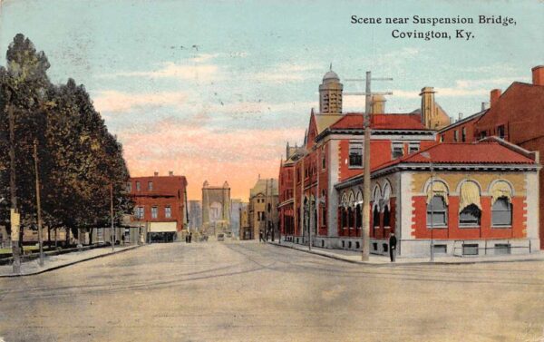 Covington Kentucky Scene Near Suspension Bridge, Color Lithograph PC U6077