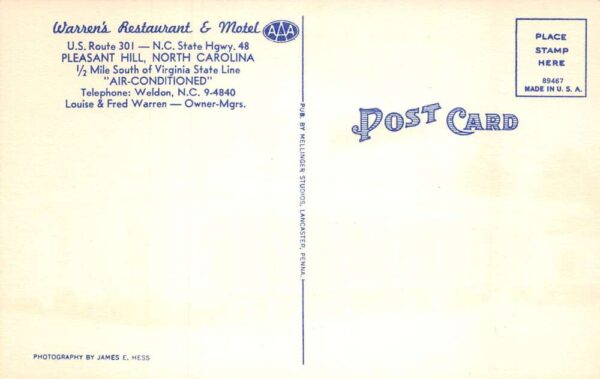 Pleasant Hill North Carolina Warren's Restaurant & Motel, Color Linen PC U6119 - Image 2