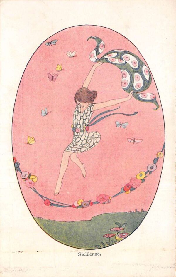 Sicilienne by Willebeek Le Mair Girl with Butterflies Vintage Postcard AA69018