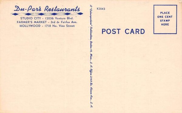 Hollywood California Du-Par's Restaurants Multi-View Linen Vintage PC U6132 - Image 2